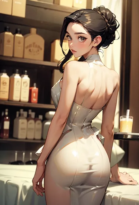 perfect eyes:1.2, detailed eyes:1.4, m0n1c4b-v2, very long hair, no blunt, hair pulled back, forehead, black hair, brown eyes, from behind, ass, looking back, restaurant, dr3ss, white dress, bare shoulders, latex, breasts, medium full shot, thigh-level sho...