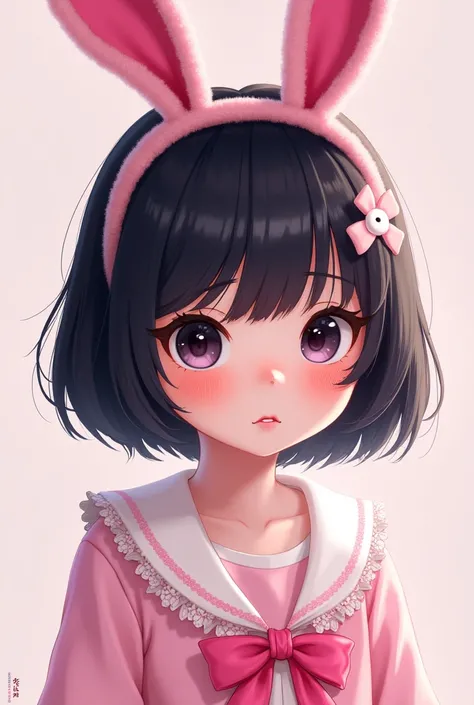 A Girl with short black hair and pink bangs wearing pink bunny ears,with black eyes, wearing a The Mimic Sakura top from roblox