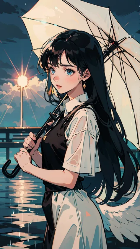 Angelic, One girl, Black and long straight hair, Sharp Hair, Facial Contour, Recall, rainy, In the city, Seaside, rain, Holding an umbrella, Lens flare, noon, bright, Natural Color, High resolution, Very delicate, Super detailed, 8k