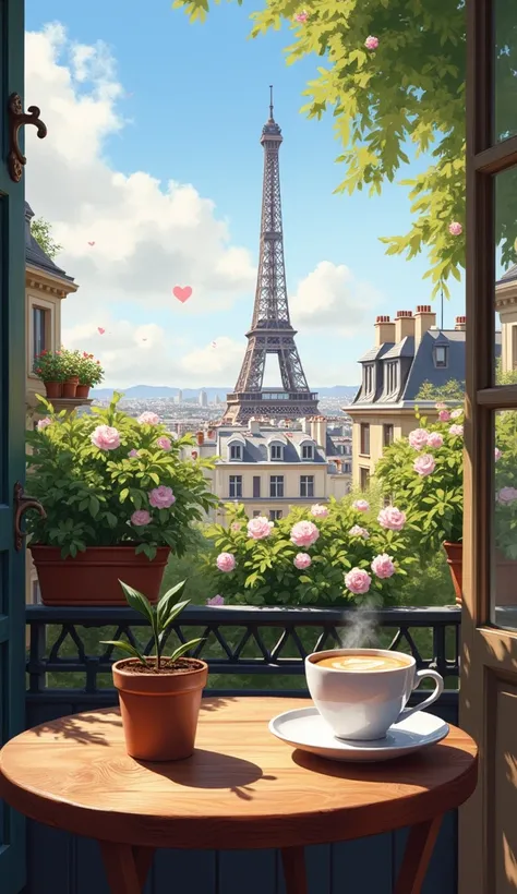 a cup of coffee sitting on top of a wooden table, beautiful terrace, terrace, balconies, paris background, balcony, sitting in french apartment, plants on balconies, pleasant cozy atmosphere, on a balcony, cozy cafe background, morning coffee, rooftop roma...