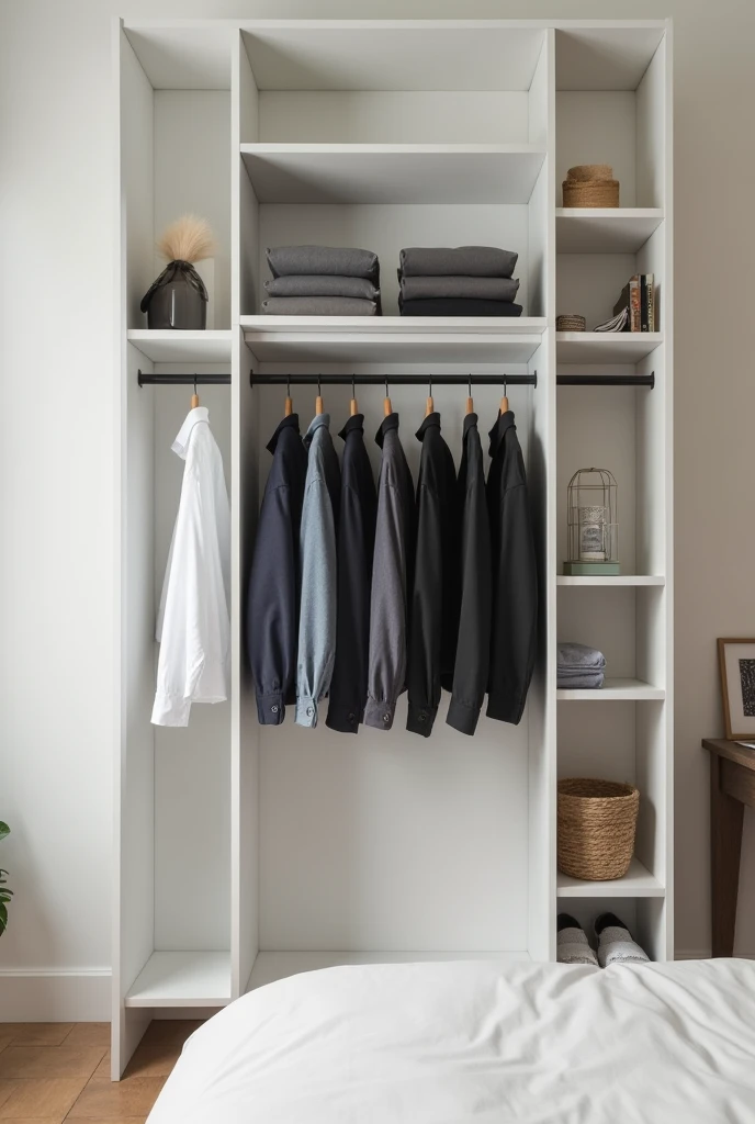 Melamine shelf with square shelves on the sides with a hanger in the center to hang long men&#39;s shirts, just give me the shelf