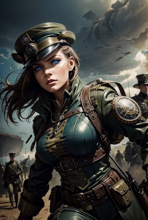 a woman in a steampunk military uniform in a battlefield with some unusual and surreal soldiers nearby,dynamic, high resolution,...