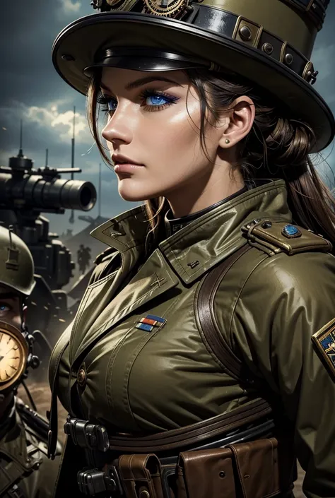 a woman in a steampunk military uniform in a battlefield with some unusual and surreal soldiers nearby,dynamic, high resolution,...