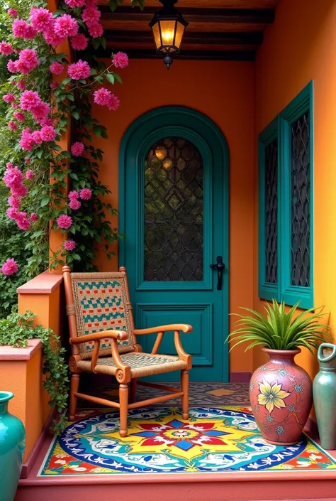 Colorful Mexican front porch with talavera tiles, bougainvillea climbing the wall, a wood chair with woven seat, painted in bright fluorescent talavera patterns, and colorful pottery