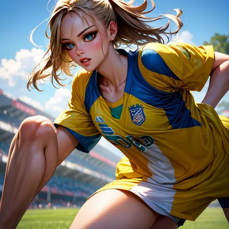 1 girl with soccer shirt, beautiful detailed eyes, beautiful detailed lips, extremely detailed face, long eyelashes, beautiful girl, soccer player, playing soccer, outdoor field, lush green grass, blue sky, bright sunlight, realistic, photorealistic, maste...