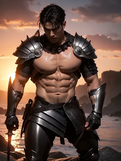 (best quality, masterpiece, ultra high detailed:1.2), Mighty gladiator, clad in armour, chest uncovered, perfect body, large chest, extremely large pectorals, big nipples, well-defined abs, lower body revealed from thighs to feet, short hair, sexy gaze, lo...