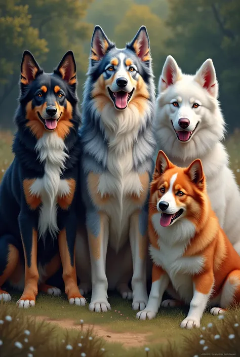 Group of dogs with a blue merle Australian Shepherd, a tricolor black, a tricolor red, a white swiss shepherd and a husky dog