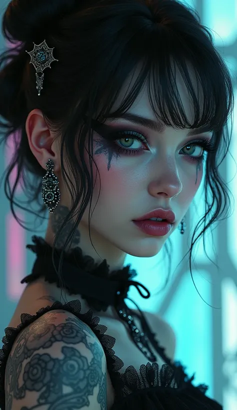 A captivating close-up of a gothic-styled woman adorned with a cyberpunk tattoo against a backdrop of trendy computer-generated graphics society. The ethereal beauty of the woman is accentuated by the dark gothic aesthetic, With a touch of fantasy and neo-...