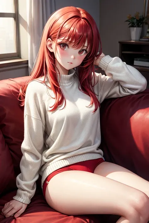 A girl,Red hair, White sweater, without pants ,white underwear,closed legs, sitting on a sofa