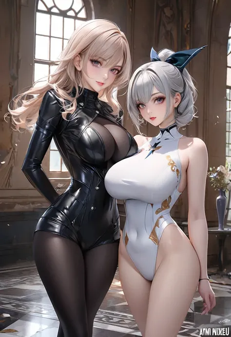 These are two women with large breasts posing for a photo.., wlop et sakimichan, Nixeu et Sakimichan, rendu en sfm, Ayami Kojima et Lyde Caldwell, Inspiré par Wang Duo, corps parfait photoréaliste, gamme murata et artgerm, Sakimichan et Frank Franzzeta, re...