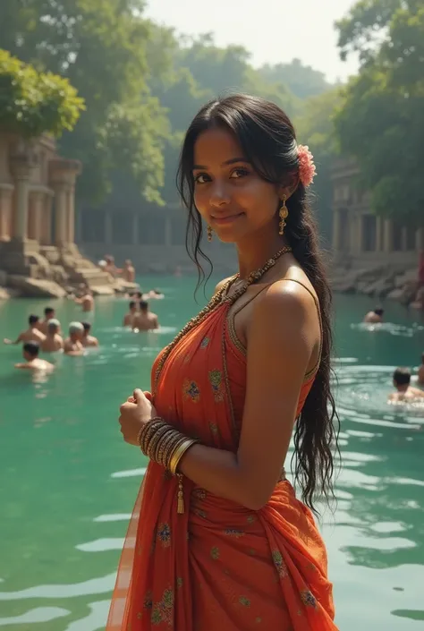 Young Marathi woman, curvy hourglass body, in Desi Lake, old mens together swimming