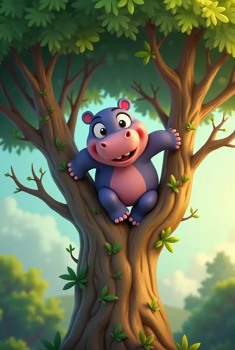 A cute hippo climbing a living tree animated version 