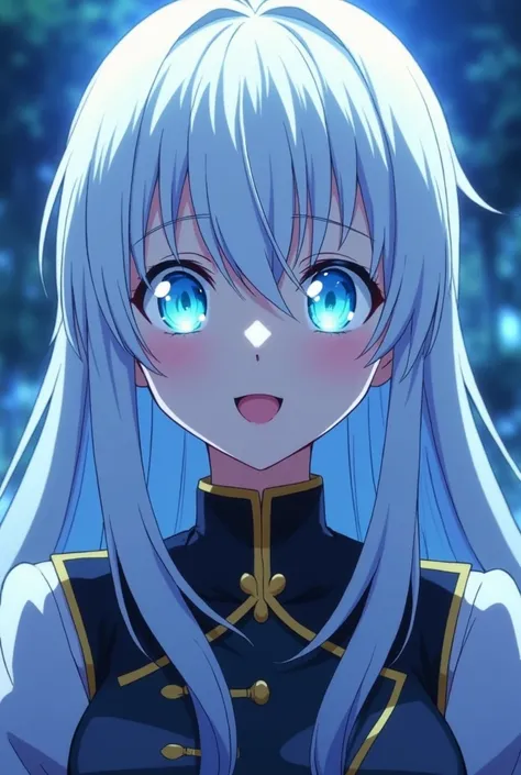 Demon slayer screenshot Girl with long straight white hair has phosphorescent blue eyes, has a happy expression,He has the uniform of the Demon Slayer Company 