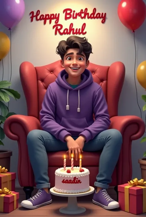 Create a realistic a profile picture where a 20 year old Boy is cutting his birthday cake facing forward in smiling face, purple hoodie, Sitting casually on a Wingback Chair There are giftsIying on the ground along both sides of the chair. and the cake is ...