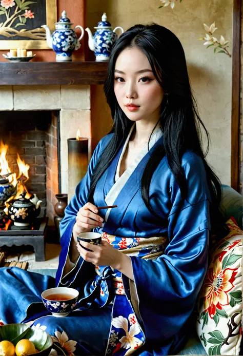 (photorealism:1.2), beautiful Asian girl with long black hair, pale skin, full lips and dark eyes with long eyelashes wearing a simple blue kimono, sitting on a plush sofa, driking tea, in front of a fireplace.