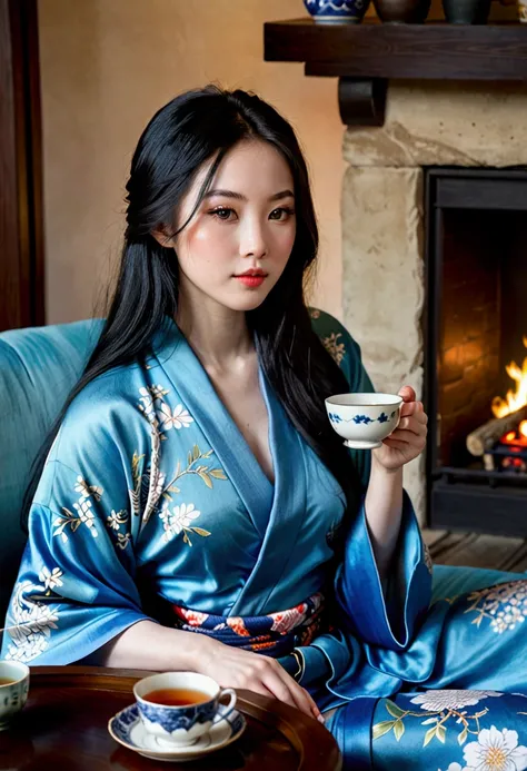 (photorealism:1.2), beautiful Asian girl with long black hair, pale skin, full lips and dark eyes with long eyelashes wearing a simple blue kimono, sitting on a plush sofa, driking tea, in front of a fireplace.