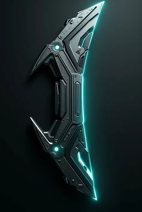 Create a decorative frame inspired by the handle of a cybernetic blade. The frame should have angular, futuristic lines, with details such as geometric patterns and integrated light circuits. Use dark colors like black and metallic gray, with accents of ne...