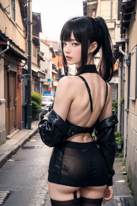 (((nsfw0.8))),Looking into the camera,(((Highest quality, 8k, masterpiece))), ponytail,Sharp focus, (Beautiful woman with perfect figure), thin, (Hairstyle: wonderful)), ((Back alley at night)), street: 1.2 Highly detailed face and skin texture Detailed ey...