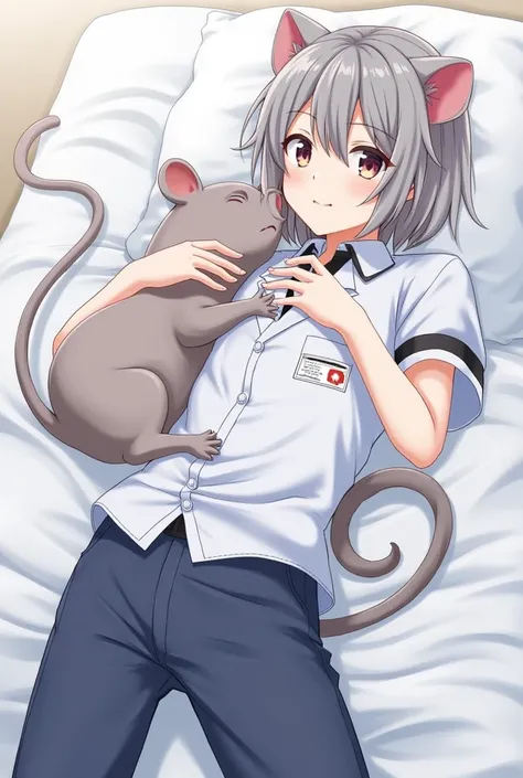 Male anime character with wait hair, rat ears, rat tail, laying on his chest with his butt in the air, wearing a hospital shirt and pants