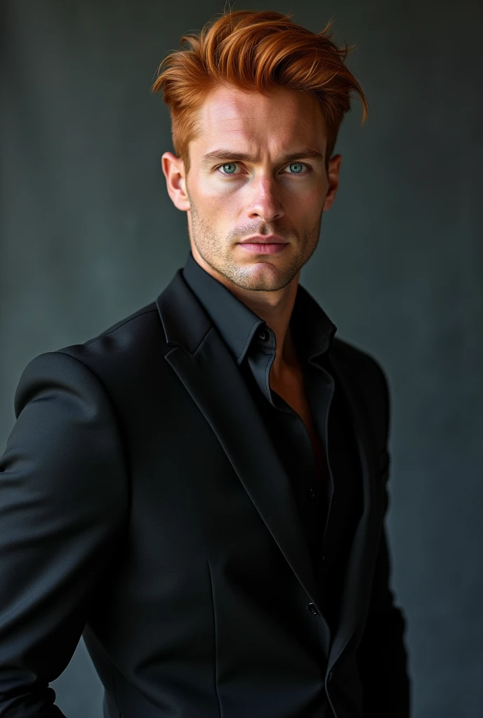 a blue-eyed athletic man dressed in a matching black suit REDHEAD 