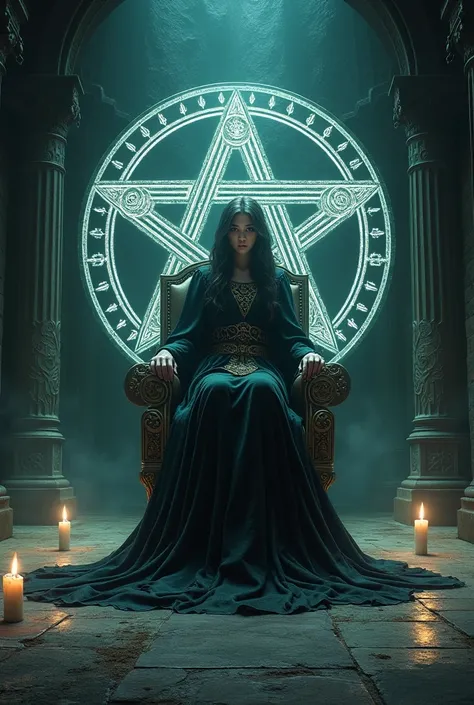 A young witch in a dark hall, sitting on a throne in the middle of a huge pentagram with candles around it