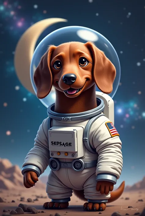 Make a chocolate sausage dog with an astronaut outfit and a universe in the background. Make him a smiling adult dog with a moon in the background.