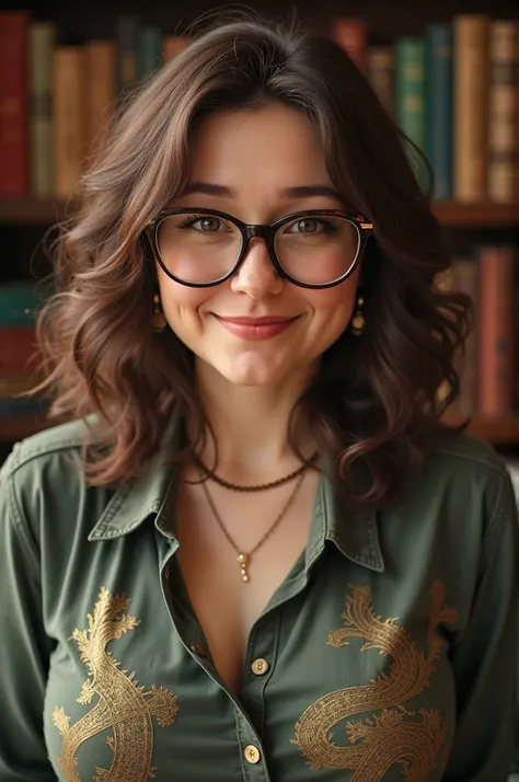 a somewhat plump woman with large glasses, shoulder-length, brown hair that looks a bit cheeky and happy. she is surrounded by books in a fantasy world. 