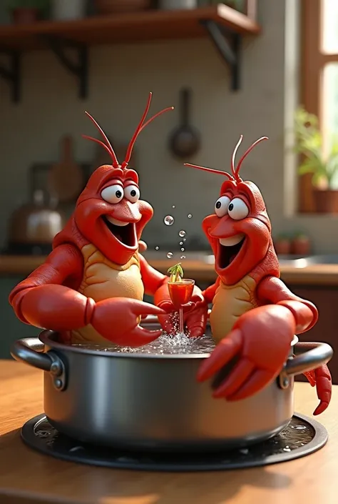 A male lobster and a female lobster with big eyes swimming in a pot while having an aperitif, animated version 