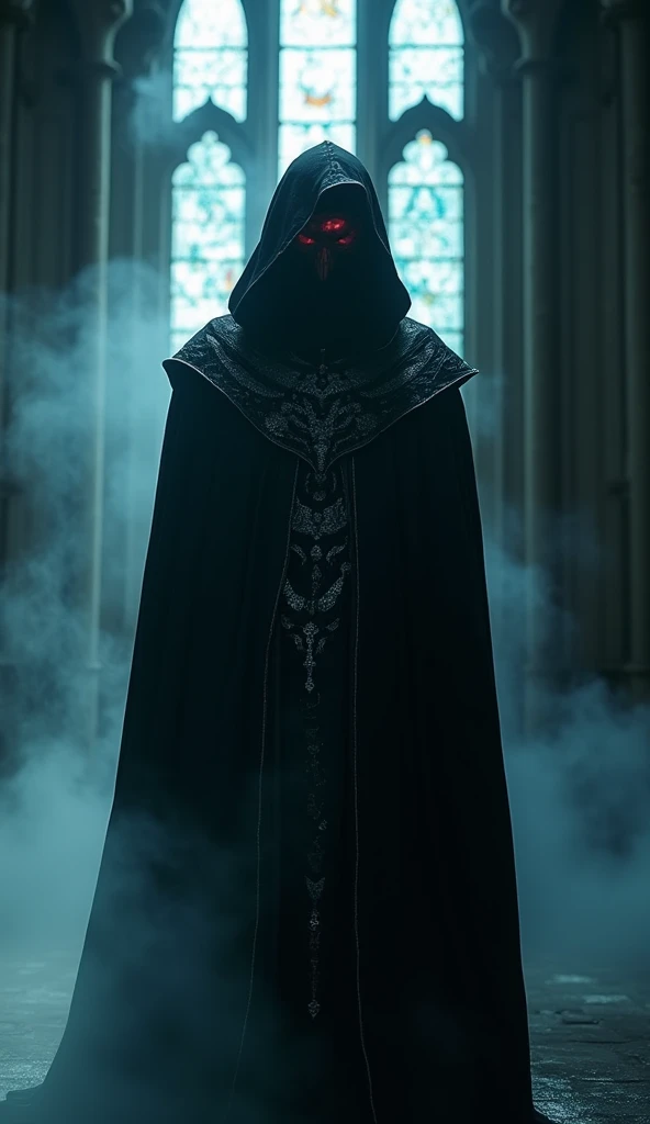 a cinematic, high-contrast photograph of a mysterious, evil angel with piercing, crimson eyes, dressed in a flowing, tattered black hooded cloak with intricate, silver trim, standing in a dimly lit, Gothic-inspired cathedral with stained glass windows filt...