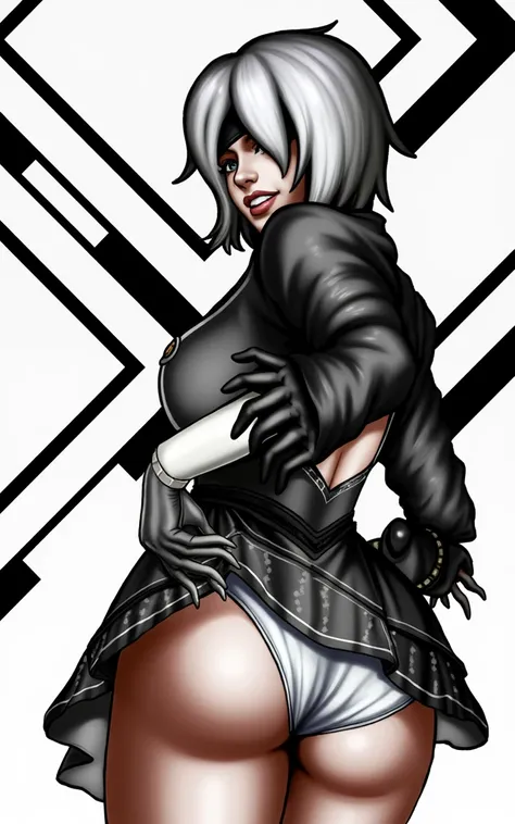 (masterpiece, best quality)), ((((perfect anatomy)))), 2B from Nier Automata, ((elaborate black dress)) (((white high cut leotard))), big butt, black eye-band, white and black gloves, digital black pattern background, (((realistic art style)))