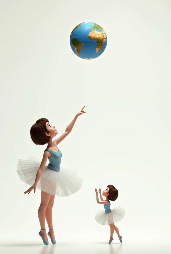 a ballerina pointing to planet earth the smaller ballerina pointing to the planet on a white background, the ballerina has short brown hair