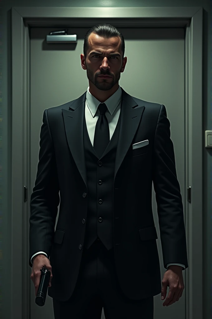 I need a picture of a man in a suit standing in front of a closed door with a silenced pistol in the style of GTA 