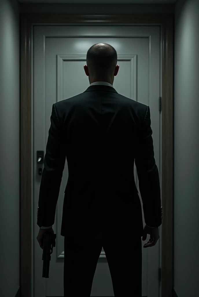 I need a picture of a man in a suit with his back to the camera standing in front of a closed door with a silenced pistol in the style of GTA 