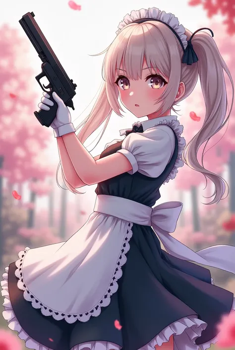 a woman in a maid outfit holding a gun and wearing a white shirt, , anime girl in a maid costume, maid outfit, marisa kirisame, marin kitagawa fanart, twintails white_gloves, anime cat girl in a maid costume,  in dress, splash art anime , anime moe artstyl...