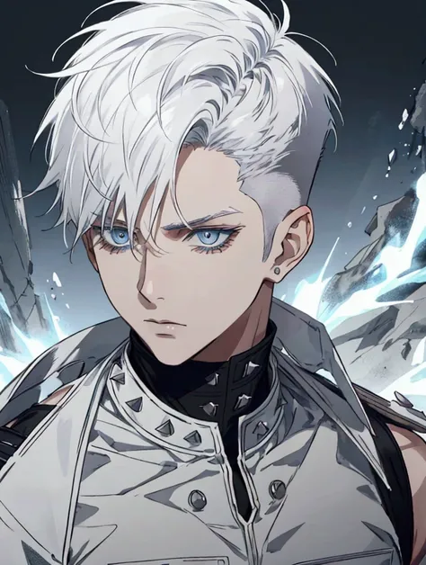 Portrait of 1man solo,white hair,(very short hair), spiky hairstyle, short hair disheveled, messy fashion undercut, light blue eyes, male focus, black top 