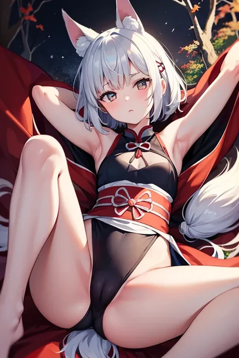 A very small girl　Chest and vagina are normal　The legs are thin　Lying on your back　Raise your hands　Spread your legs　Wolf ears　White shorthair　The background is inside the autumn forest　Samurai clothing　Hairpin　first round　front
