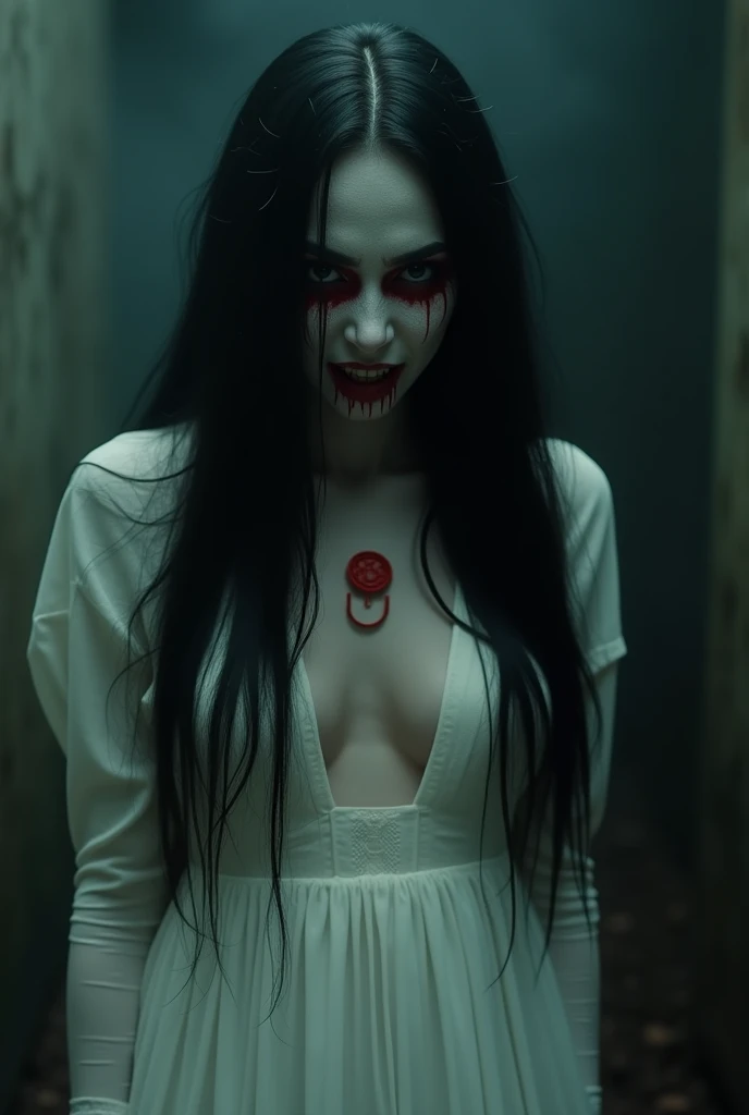 horror, Kuntilanak, very long black hair, Slightly red white eyes, scary face,cleavage, plain white long dress with text"LD" small logo red color melting,, dramatic lighting, dark, eerie atmosphere, volumetric lighting, haunting portrait, detailed hair, ha...