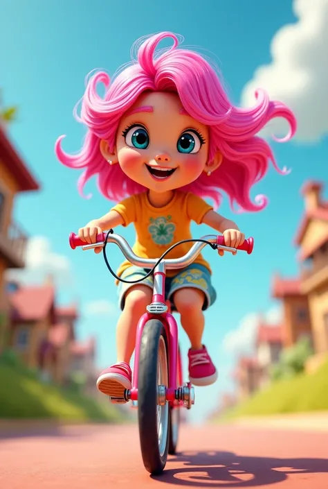 Cartoon of a girl with pink hair riding a bicycle 3D