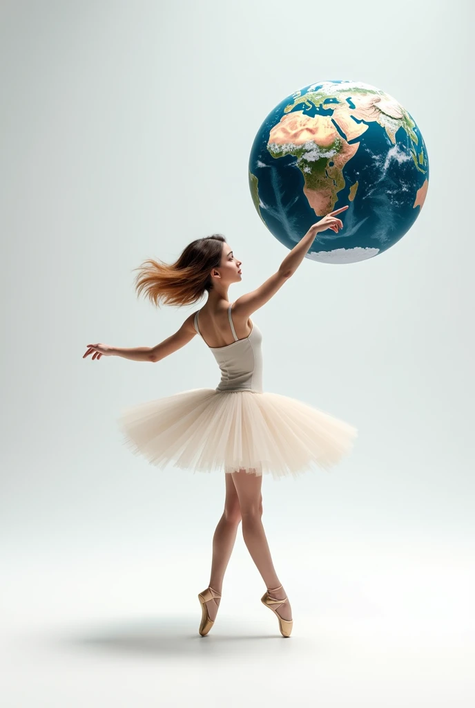 a ballerina pointing to the big and beautiful planet Earth the planet a on a white background, the ballerina has short brown hair that leans towards blonde and has slightly darker skin 