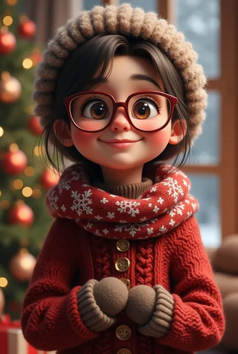 Short and fat woman, brunette thin hair with big glasses. Elle porte des vetements d’hiver car elle adore noel 