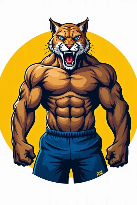 create an illustration of an anthropomorphic and hypertrophied puma, wearing blue shorts, within a yellow circular frame, frame border should be blue and white. The centralized body, facing the front, the flexed muscles, the aggressive face, showing teeth,...