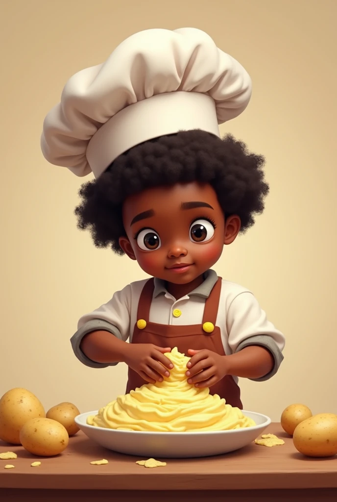 Black boy , chef&#39;s hat, short afro hair, making mashed potatoes , only potatoes in the scene