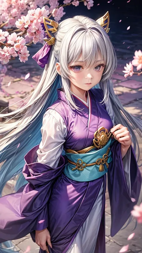 an anime-style female character named Ayame Tsukino. She is  with long, flowing silver hair that reaches her waist, accented by soft lavender highlights that shimmer in the light. Her eyes are a bright, piercing violet, giving her an ethereal and captivati...