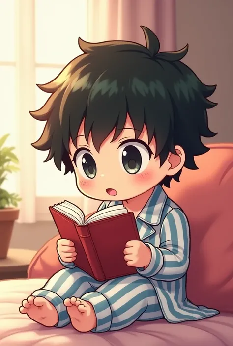 Shoto Todoroki in chibi form with striped pajamas reading a book with a cute face