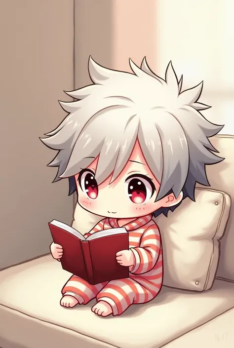 Shoto Todoroki from boku no hero in chibi form with striped pajamas reading a book with a cute face