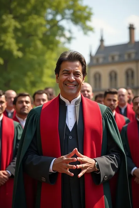 Imran Khan as VC of oxford University with extra energetic emotions public has to be standing behind with wearing VC uniform 
Please make his face more realistic 