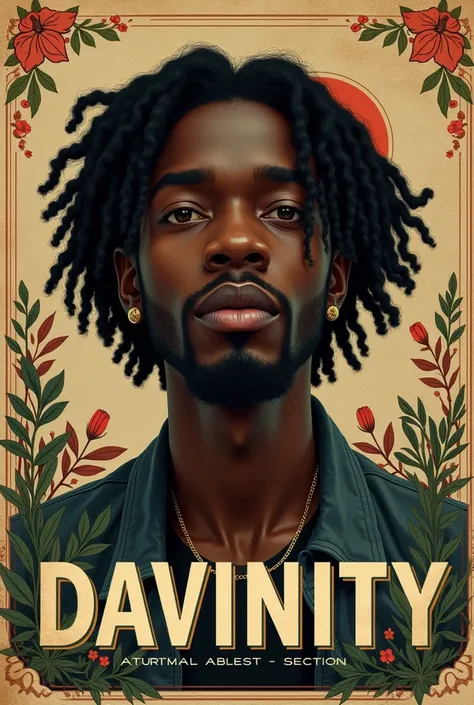 CAPA DE ALBUM VINTAGE PARA MUSICA, with name DAVINITY IN FRONT young BLACK male composer WITH WAVY HAIR, OF MEDIUM LENGTH WITH THE APPEARANCE OF A 20 YEAR OLD BOY., WHO HAS A PAINFUL BEARD image of the face only, with very artistic and unique backgrounds

