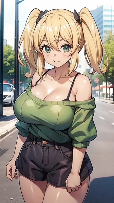 (Highest quality:1.3), Blonde twin tails, Big Breasts, Cleavage, Side Tail,Off-the-shoulder sweater, Shorts, Thighs, (throw, Close-up shot), smile, Street background, Huge breasts,