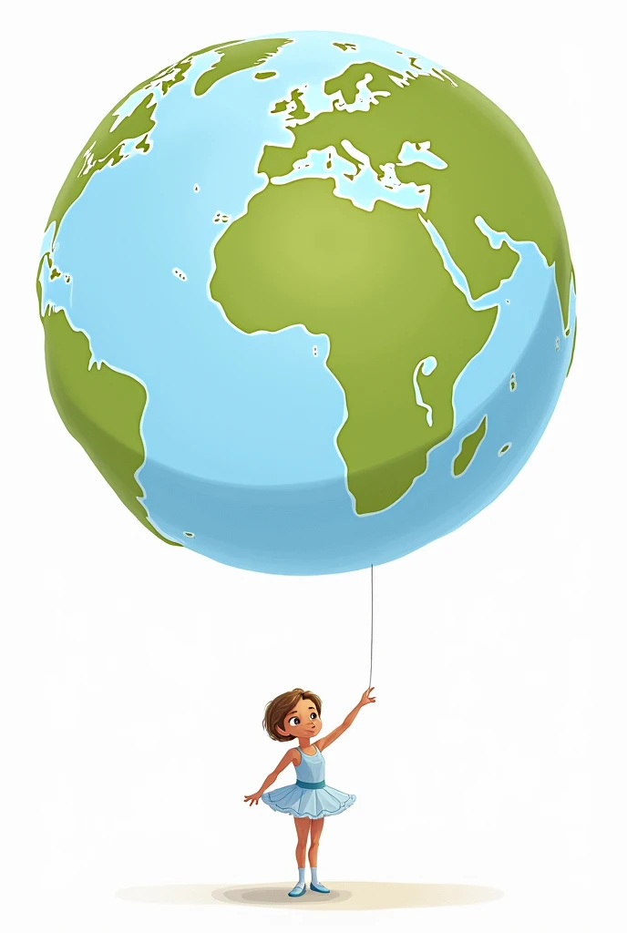 a ballerina pointing to Europe on planet Earth bigger than her big and beautiful and she stands below that planet on a white background, the ballerina has short brown hair that tends towards blonde and has slightly darker skin, I want it to look like a dra...