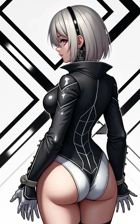 (masterpiece, best quality)), ((((perfect anatomy)))), 2B from Nier Automata, ((elaborate black dress)) (((white high cut leotard))), big butt, black eye-band, white and black gloves, digital black pattern background, (((photo realistic)))